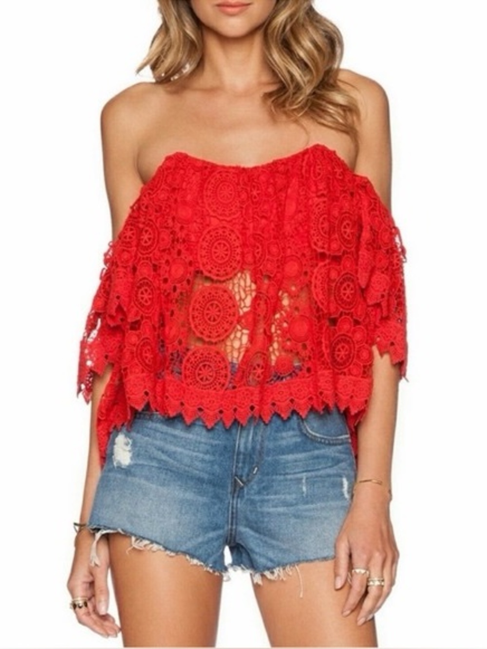 Tularosa Red Off-Shoulder Crochet Crop Top